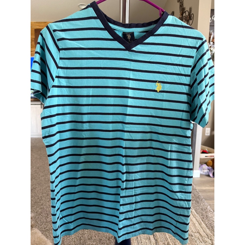 US Polo Assn Mens V-Neck T-Shirt Small Turquoise Navy Blue Striped Cotton Tee